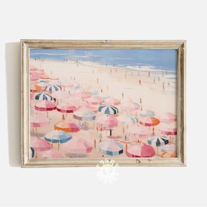 Vintage Beach Print, Abstrakcyjna sztuka nadmorska, Dziewczęcy wystrój mieszkania, Różowa letnia sztuka ścienna, Sztuka ścienna plażowa, Wystrój pokoju dziewczęcego, Parasole na plaży