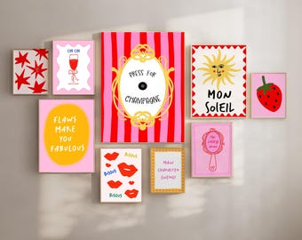 Dopamine Gallery Wall Art Set Maximalist Print Set of 9 Trendy Pink Red Yellow Printable Posters Dorm Room Decor College Apartment Aesthetic