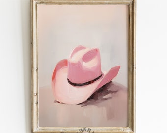 Pink Cowgirl Hat Print, Trendy Cowboy Hat Painting, Retro Western Printable Art, Dorm Room Wall Art, Girly Digital Download Girls Room Print