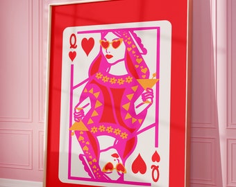 Reina de corazones naipes, impresión de arte de pared funky rojo rosa, decoración de dormitorio preppy imprimible, impresión retro de arte de pared maximalista estética de la habitación Y2K