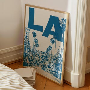 LA City Print, Navy Blue Los Angeles Retro Travel Poster, Trendy Wall Art, Digital Prints, Dorm Room Decor, California Printable Wall Art