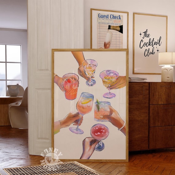 Cheers Print, Bar Cart Prints, Trendy Wall Art, Retro Kitchen Wall Art, Drinks Print, Cocktail Printable Wall Art, Preppy Digital Prints