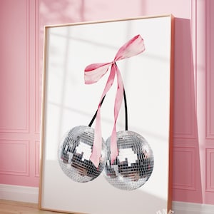 Cherry Disco Pink Bow Print, Coquette Digital Print, Retro Wall Art, Ribbon Disco Ball Dorm Room Decor, Girly Poster, Trendy Wall Art
