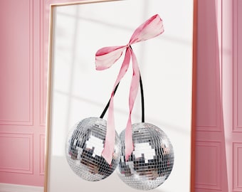 Impressão de laço rosa de discoteca cereja, impressão digital de coquete, arte de parede retrô, decoração de quarto de bola de discoteca, pôster feminino, arte de parede moderna