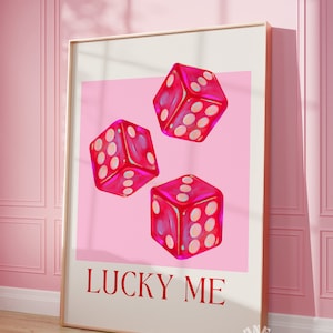 Lucky Me Dice Wall Art Print, Affiche rétro, Art mural tendance, Dés roses rouges, Impressions numériques, Esthétique des appartements universitaires, Art imprimable