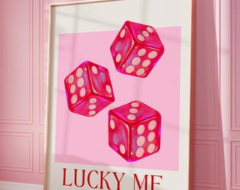 Lucky Me Dice Wall Art Print, Retro Poster, Trendy Wall Art, Pink Red Dice, Digital Prints, College Apartment Aesthetic, Printable Art