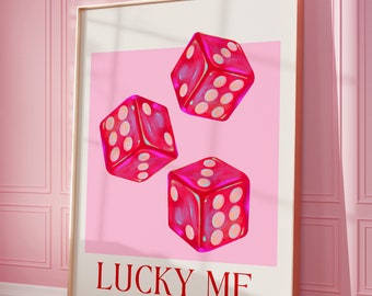 Lucky Me Dice Wall Art Print, Retro Poster, Trendy Wall Art, Roze Rode Dobbelstenen, Digitale Prints, College Apartment Esthetische, Afdrukbare kunst