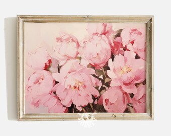 Stampa artistica di peonie, pittura di fiori astratti rosa, arredamento della camera Coquette, arte floreale stampabile, stampa digitale di fiori vintage