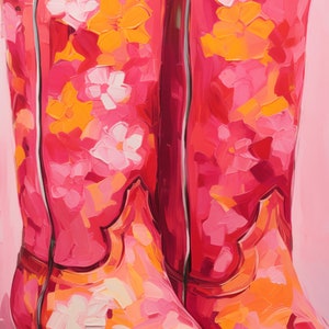May include: A pair of pink cowboy boots with a floral pattern. The boots have a pointed toe and a high heel.