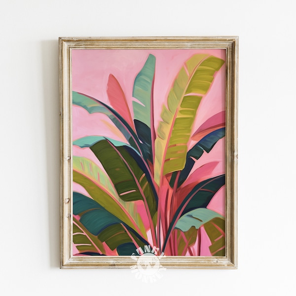 Impresión de hojas tropicales, pintura botánica de verano, arte imprimible de hojas de plátano de moda, decoración maximalista, cartel de verano, estética del apartamento