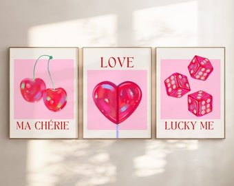 Love Exhibition Print Set, Retro Wall Art Set, Pink Preppy Poster Prints, Lucky Me Dice Print, Printable Heart Print, Ma Cherie Cherry Print