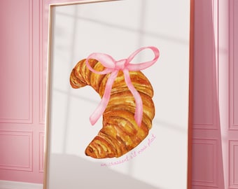 Croissant with Pink Bow Digital Print, French Coquette Room Decor, Soft Girl Aesthetic, Girly Printable Poster, Kitchen Wall Art, Dorm Room