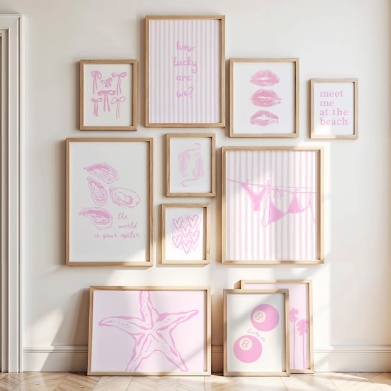 Pink Coastal Gallery Set, Beachy Wall Art Digital Prints, Preppy Girls Room, Cute Summer Trendy Poster Set, Beach Aesthetic, Printable Art