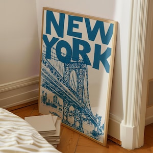 Stampa retrò di New York City, arte murale alla moda, poster di viaggio di New York, stampa artistica del ponte di Brooklyn, stampe digitali, arredamento per dormitori, estetica dell'appartamento