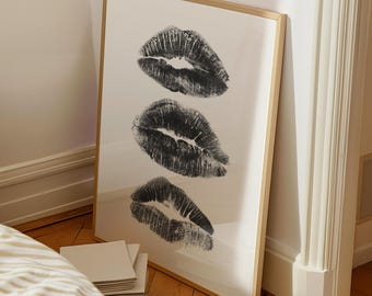 Kiss Lips Print, Trendy Wall Art, Black Lips Poster, Dark Coquette Room Decor, Digital Prints, Preppy Dorm Aesthetic, Funky Printable Art