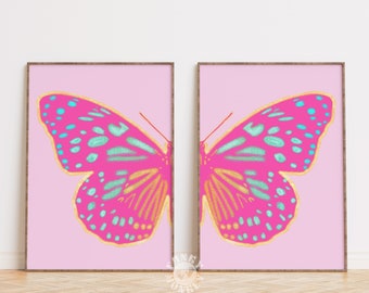 Butterfly Print Set of 2, Preppy Printable Wall Art, Pink Blue Y2K Room Decor For Teens, College Apartment Aesthetic, Dorm Room Essentials