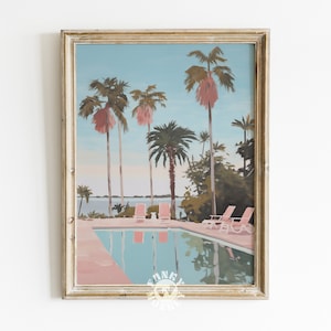 Swimming Pool Art, Retro Aesthetic Painting, Pink Preppy Poolside Beach Wall Art, Digital Trendy Wall Art, Tropical Pastel Downloadable Art