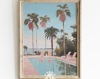 Swimming Pool Art, Retro Aesthetic Painting, Pink Preppy Poolside Beach Wall Art, Digital Trendy Wall Art, Tropical Pastel Downloadable Art