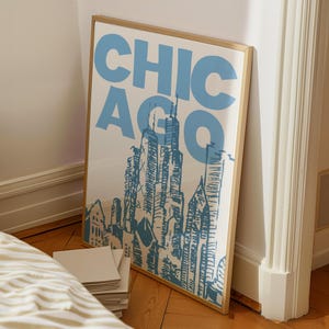 Chicago väggkonst, trendig reseaffisch, retro blå stadstryck, digitaltryck, preppy studentrumsdekor, utskrivbar konst, skiss av stadssilhuett