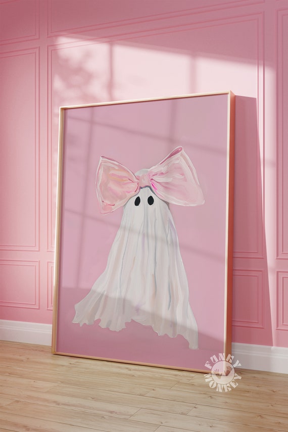 Pink Bow Ghost Wall Art Print, Halloween Decor, Preppy Trendy Printable Art, Coquette Aesthetic, Cute Ghost Painting Girly Print Girls Room