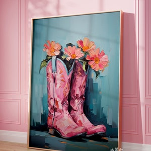May include: A painting of pink cowboy boots with a bouquet of pink and orange flowers in the tops of the boots. The background is a light blue color.