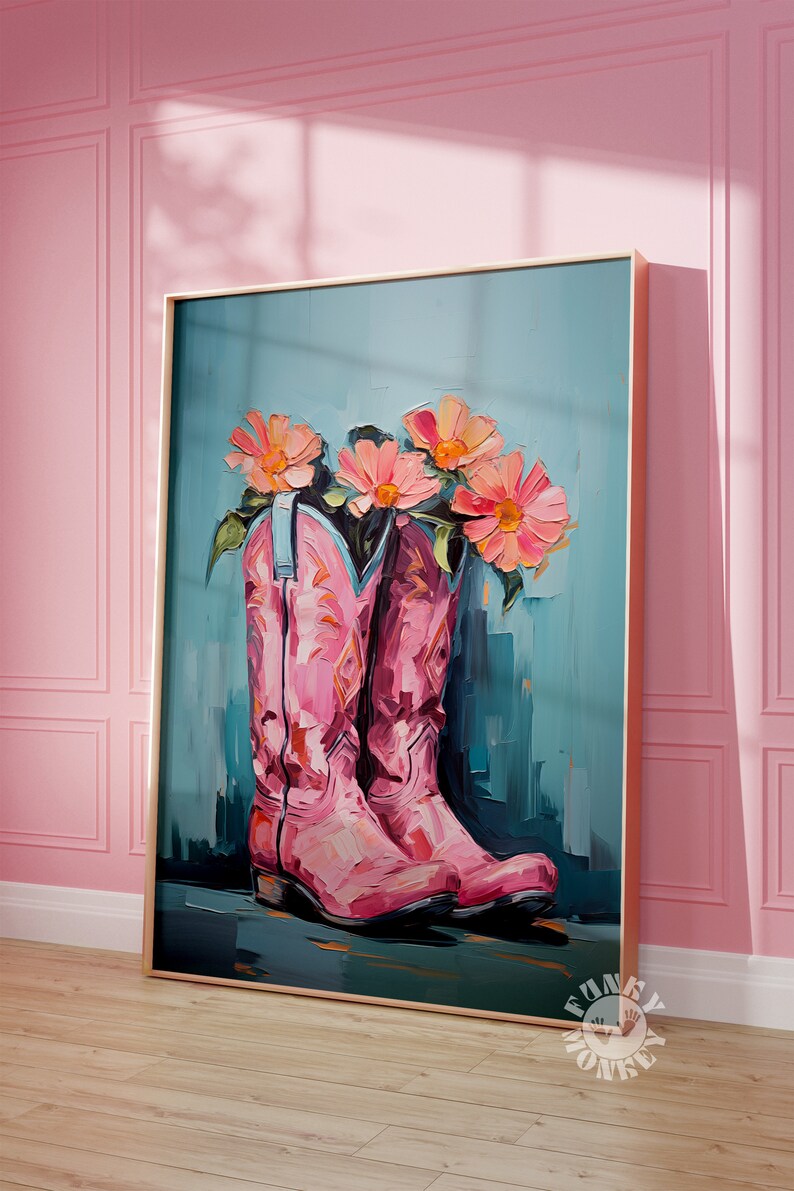 May include: A painting of pink cowboy boots with a bouquet of pink and orange flowers in the tops of the boots. The background is a light blue color.