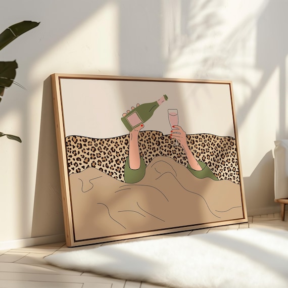 Leopard Wall Art, Bedroom Digital Print, Wine in Bed Printable Poster, Aesthetic Room Decor, Girly Print,  Trendy Apartment Horizontal Print