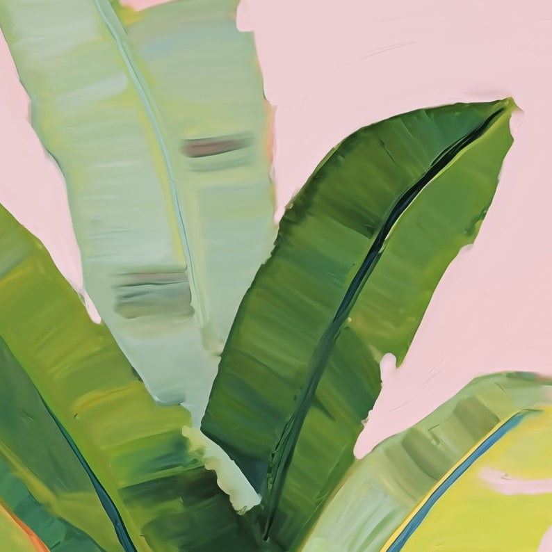May include: Close-up of a painting of green banana leaves against a pink background. The leaves are painted with thick brushstrokes, giving the painting a textured look.