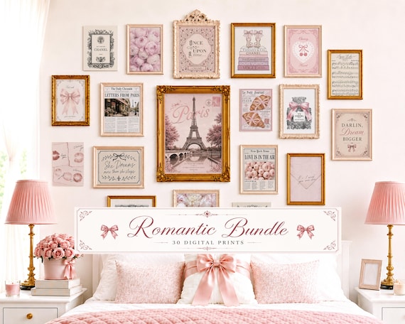 Coquette Wall Art Set of 30 | Pink Dorm Room Decor | Paris Aesthetic | Wall Art Bundle | Gallery Wall Set | Girly Romantic Digital Download
