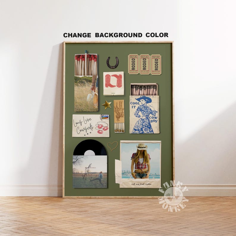 May include: A green background with a collage of images, including a horseshoe, matchboxes, a cowboy hat, a record, and a photo of a woman in a cowboy hat. The text "Long Live Cowgirls" is visible in the collage.