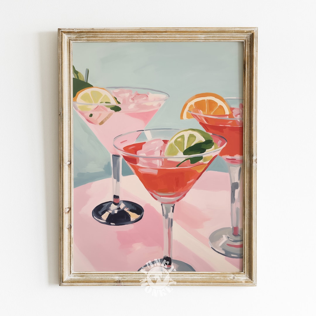 Summer Cocktail Print, Pink Preppy Bar Cart Art Print, Retro Bar Cart ...