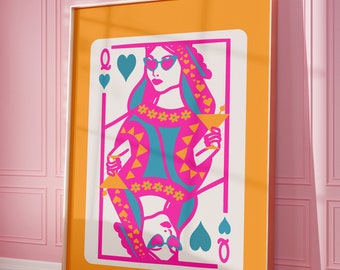 May include: A colorful illustration of the Queen of Hearts playing card. The Queen is wearing sunglasses and a pink and blue patterned dress. She is holding two cocktails. The card is set against an orange background.