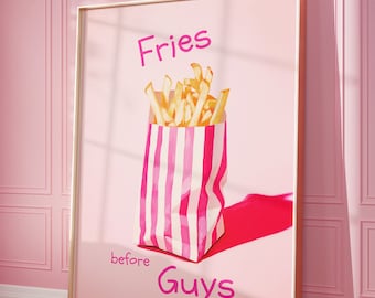 Fries Before Guys Print, Pink French Fries Printable Art, Funny Girly Wall Art, Preppy Dorm Room Decor, Retro Painting, Digital Download