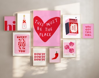 Pink Red Funky Wall Art Print Set, Preppy Room Decor, Girly Poster Set, College Dorm Room, Apartment Aesthetic, Trendy Poster Digital Prints