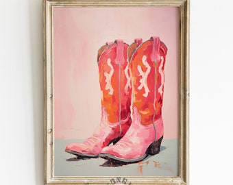 Retro Cowgirl Boots Digital Print, Funky Trendy Western Painting, Pink Orange Cowboy Boots Printable Art, Girly Aesthetic, Dorm Room Decor