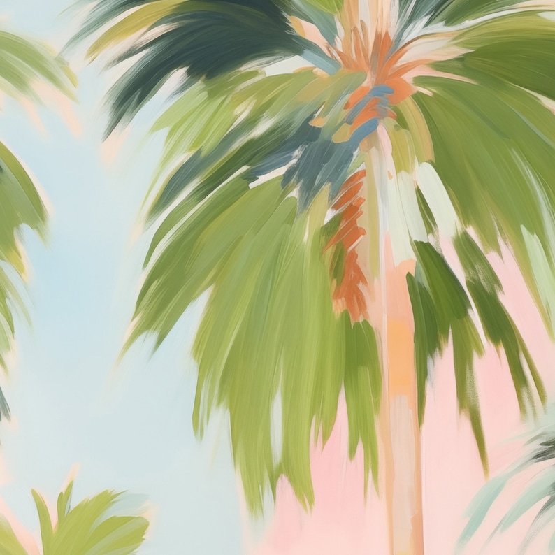 May include: A painting of a palm tree with green leaves against a light blue and pink background.
