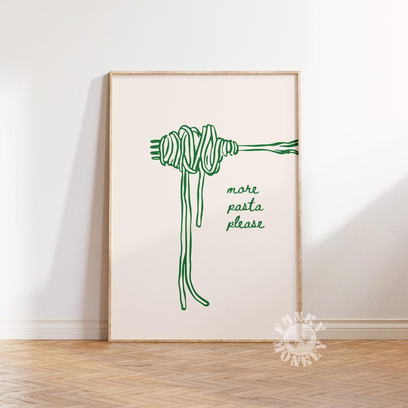 Peut inclure: Un dessin au trait vert d'une fourchette avec des spaghettis enroul&eacute;s autour. Le texte "more pasta please" est &eacute;crit sous les spaghettis.