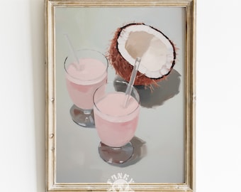 Summer Bar Cart Art Print, Pink Coconut Cocktail Print, Preppy Drink Painting, Trendy Wall Art, Tropical Poster, Digital Print Printable Art