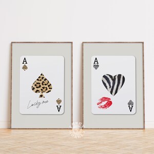 Set di 2 carte da gioco Ace, stampa leopardata Spade, poster Red Kiss Lips Ace, arte murale retrò alla moda, stampa digitale Funky Zebra Heart