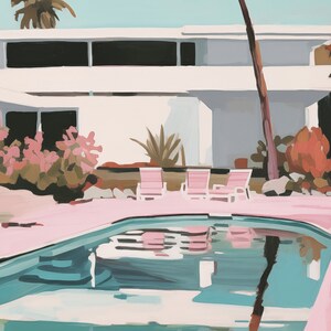 May include: A pink and white modern house with a swimming pool and four pink lounge chairs. Palm trees and bushes surround the house.