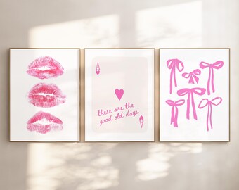 Trendy Print Set of 3 Pink Retro Wall Art Posters, Girly Coquette Bows, Retro Kiss Lips Printable Art Ace Card Digital Print Dorm Room Decor
