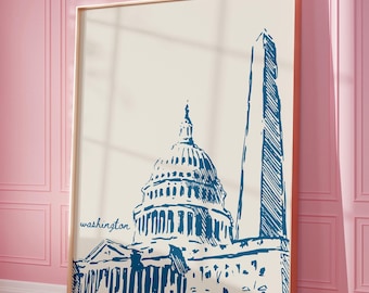 Washington Travel Poster, Texas Retro Navy Blue City Print, Trendy Wall Art, Digital Prints, Dorm Room Decor, Printable Art, City Sketch