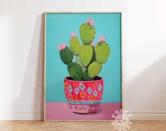 Impresión de cactus, impresión de arte de pared de moda funky, impresión digital de decoración maximalista, cartel de dopamina colorido brillante, arte imprimible de flor rosa de cactus