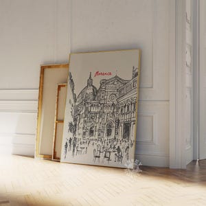 May include: Black and white sketch of a building in Florence, Italy. The building has a dome and is surrounded by people. The text "Florence" is written in red at the top of the image.