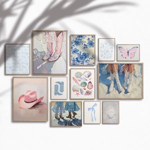 Coastal Cowgirl Printable Wall Art Set of 12, Trendy Gallery Wall Posters, Beachy Preppy Girls Dorm Room Digital Prints, Shells Boot Art