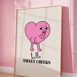 Retro Bathroom Wall Art, Hello Sweet Cheeks Art Print, Funny Retro Printable, Pink Heart Character Trendy Wall Art ,Apartment Aesthetic