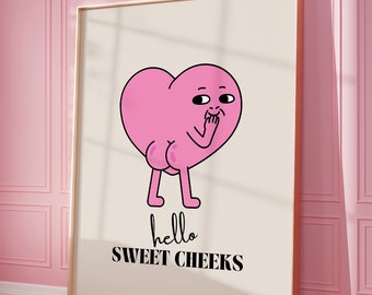 Retro Bathroom Wall Art, Hello Sweet Cheeks Art Print, Funny Retro Printable, Pink Heart Character Trendy Wall Art ,Apartment Aesthetic