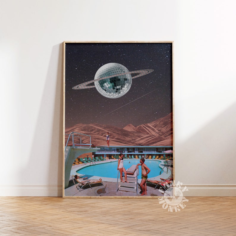 May include: A retro-style illustration of a swimming pool with people in it. A large disco ball with a ring around it is floating in the sky above the pool. The sky is dark blue with stars.