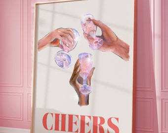 Cheers Bar Cart Art Print, Trendy Wall Art, Pink Bar Cart Decor, Preppy Prints, Afdrukbare kunst, Girly Poster, Digitale Prints, Roze Esthetiek