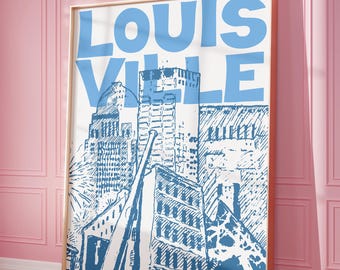 Arte de parede de Louisville, pôster de viagem moderno, impressão retrô de cidade azul, impressão digital, decoração de dormitório elegante, arte para impressão do horizonte da cidade
